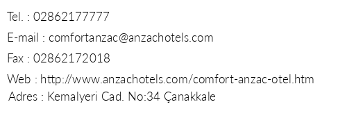 Comfort Anzac Hotel telefon numaralar, faks, e-mail, posta adresi ve iletiim bilgileri